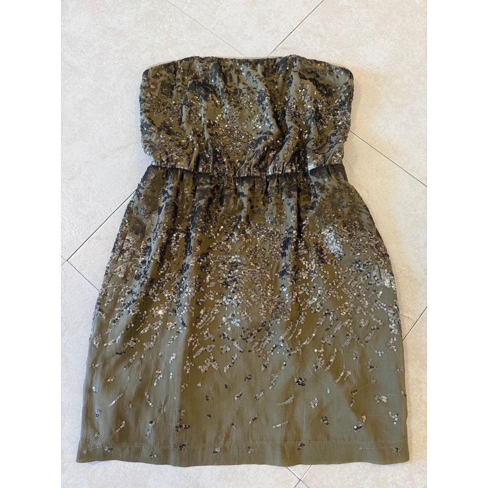 NWT BCBGMAXAZRIA Atalaya Sequin 100% Silk Dress Small Bronze Green Cutout $398